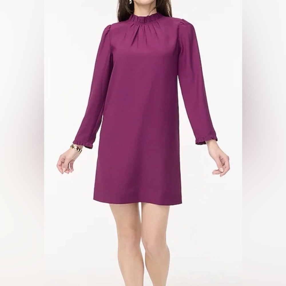 NWT J Crew | Ruffleneck Shift Dress Purple Long Sleeve Women’s Size 4